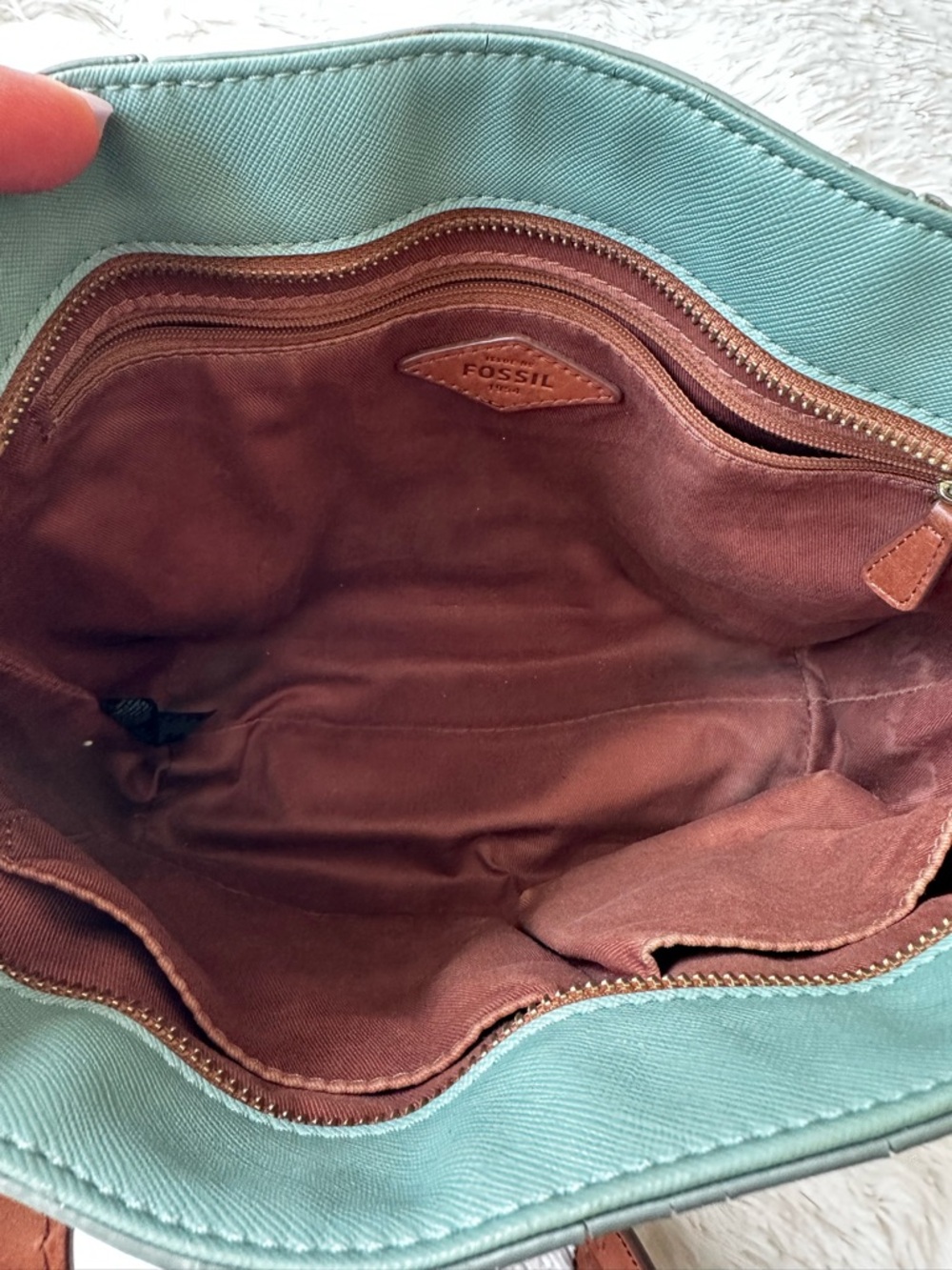 Fossil Sage Green Crossbody Shoulder Tote Bag Brown Leather Trim Everyday Purse - Picture 8 of 13